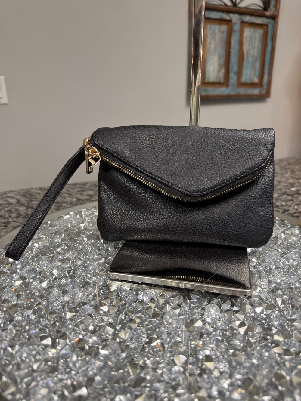 Urban Expressions Black Leather Wristlet Clutch with Gold Hardware EUC